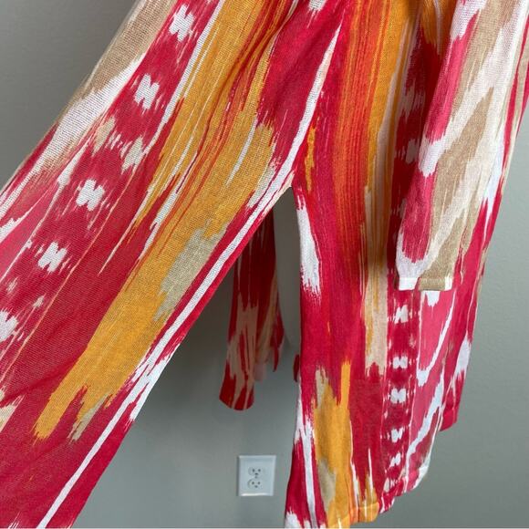 Chico's Red Orange White Light Weight  Long Sleeve Open Front Cardigan 2 - Picture 4 of 8